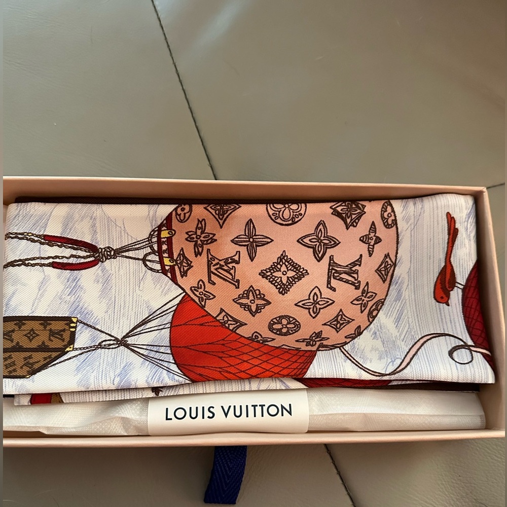 Louis Vuitton scarf, hot air balloon motif, brand new with tags, still in box